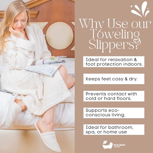 Natural Toweling Slippers - GOTS Certified 100% Organic Cotton, Ultra Soft, Machine Washable Indoor Slippers for Bath and Home S Size US (6-7 Women/5-6 Men)