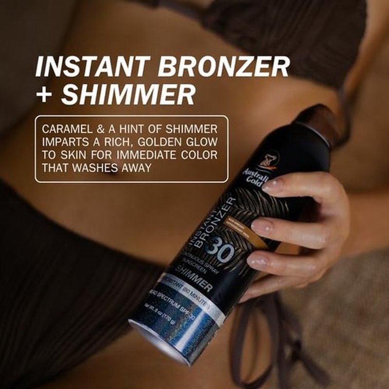 Australian Gold SPF 30 Continuous Sunscreen Spray with Instant Bronzer & Shimmer, 6 oz, Broad Spectrum UVA/UVB Protection, Water Resistant Scented Spray Sunscreen, Cocoa Dreams Fragrance