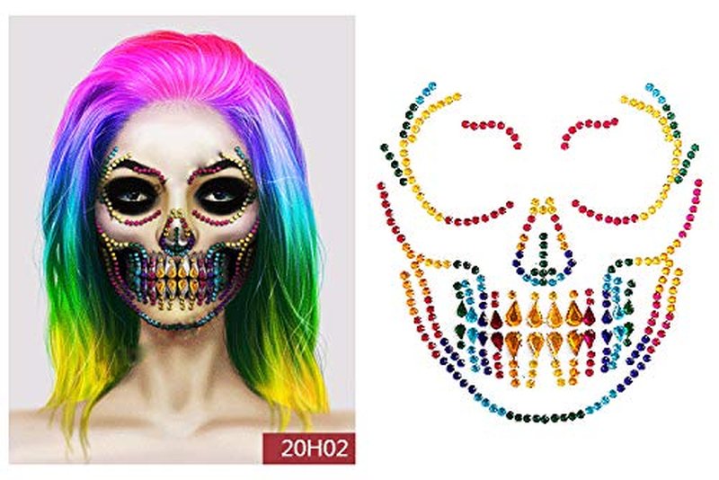 Cosplay Face Tattoos, Day of the Death Skull Temporary Face Gems Jewels Tattoos, Rhinestone Ghost Bride Jade Face Jewels Tattoo Stickers