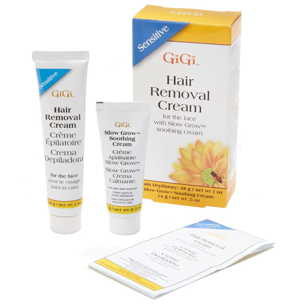 Gigi Hair Removal Cream, for the Face - 1 Oz, and Slow Grow Soothing Cream - 0.5 Oz, Hair Removal Kit for Sensitive Skin, 1-Pack