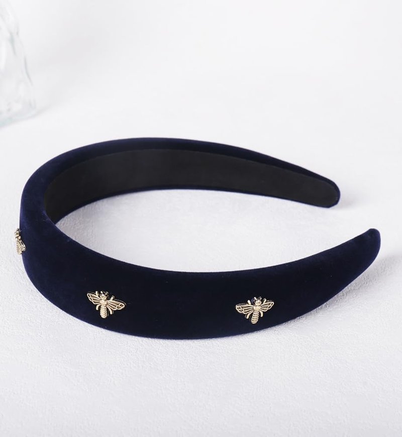 YARN & INK Women's Honeybee Cute Velvet Headbands, Fashion Padded Hair Accessories Vintage Headband Christmas Gift for Women Girls (Dark Blue Bee)