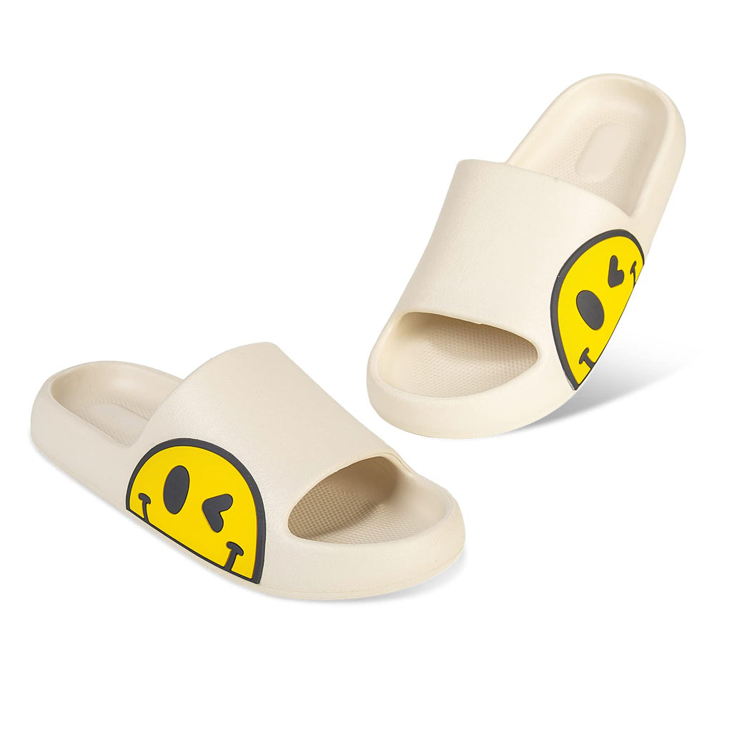 Uonesone Womens Slides,Pillow Slippers Sandals for Men,Unisex Non slip Quick Dry Shower Shoes Indoor Outdoor Open Toe Spa Bath Pool Gym House Casual Massage Smile Face Slippers(White 39/40)