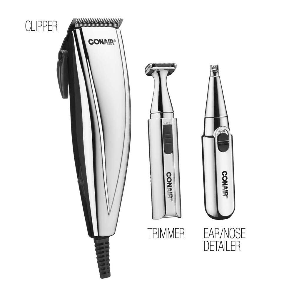 ConairMAN 3-in-1 Chrome 25-piece Hair Clipper, Includes Battery Operated Detail Trimmer and Battery Operated Ear and Nose Hair Trimmer
