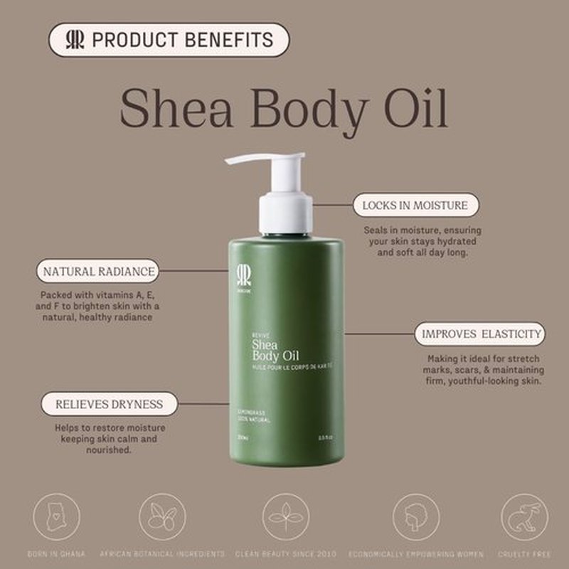 R&R Skincare Revive Shea Body Oil - Fast-Absorbing Hydrating Oil with Lemongrass | Nourishing for Dry Skin, Rich in Vitamins A, E & F