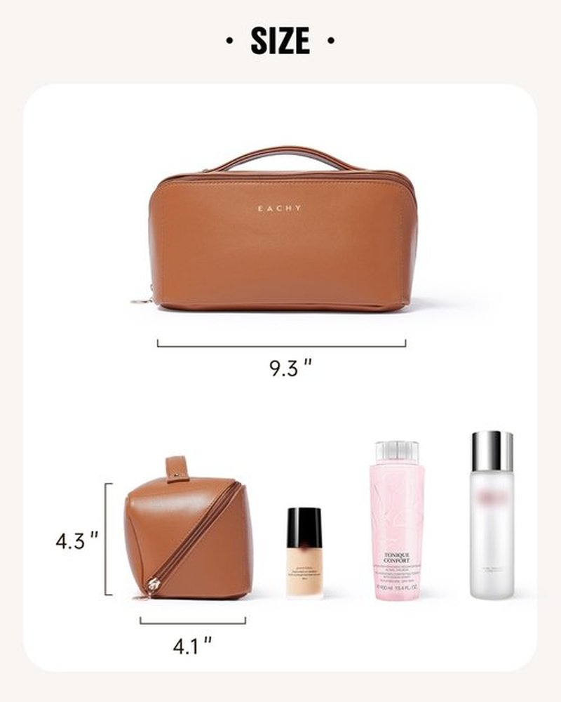 EACHY Travel Makeup Bag - Large Capacity Waterproof PU Leather Cosmetic Organizer for Women
