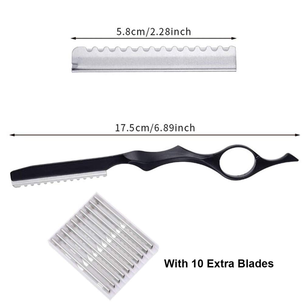 11Pcs Hair Styling Thinning Razor Set - 1 Razor, Thinning Comb, Texturizing Cutting Razor and 10 Replacement Stainless Steel Blades for Salon & Home Use (Black)