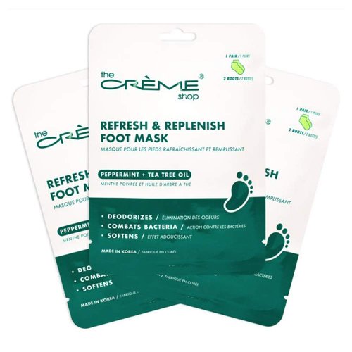 The Crème Shop Refresh & Replenish Foot Mask, Peppermint and Tea Tree Foot Mask for Itchy Feet Relief, Antibacterial Foot Mask Made in Korea, Natural Foot Deodorizer