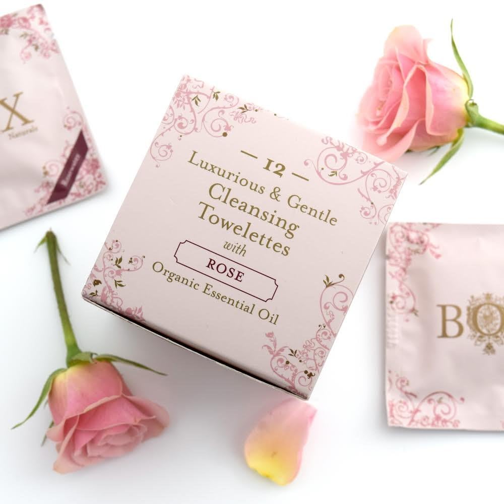 BOX Naturals Cleansing Towelettes Organic Essential Oils Biodegradable (Rose) 12 Pack For Face and Body - Wet Wipes