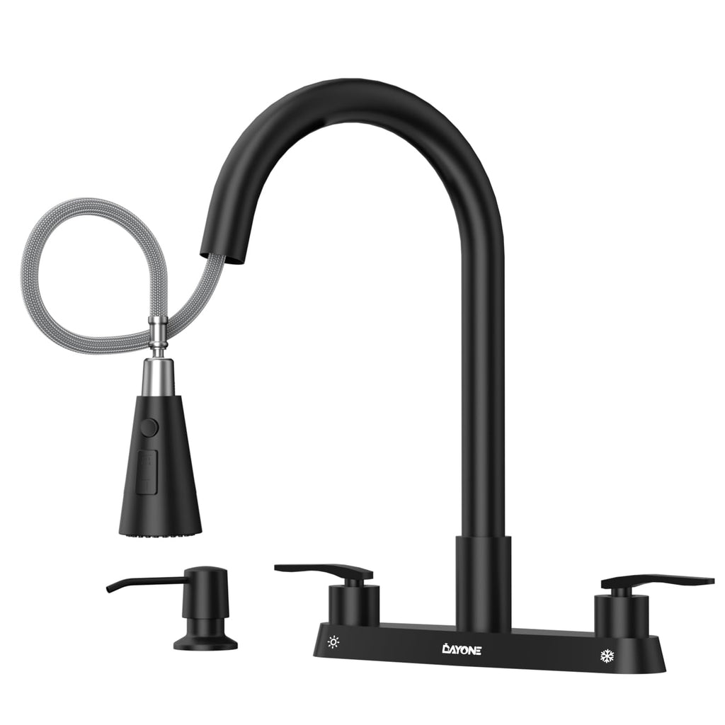 DAYONE Black 2 Handle Kitchen Faucet with Sprayer, 4 Holes Pull Down Faucets for Kitchen Sink with Soap Dispenser Stainless Steel