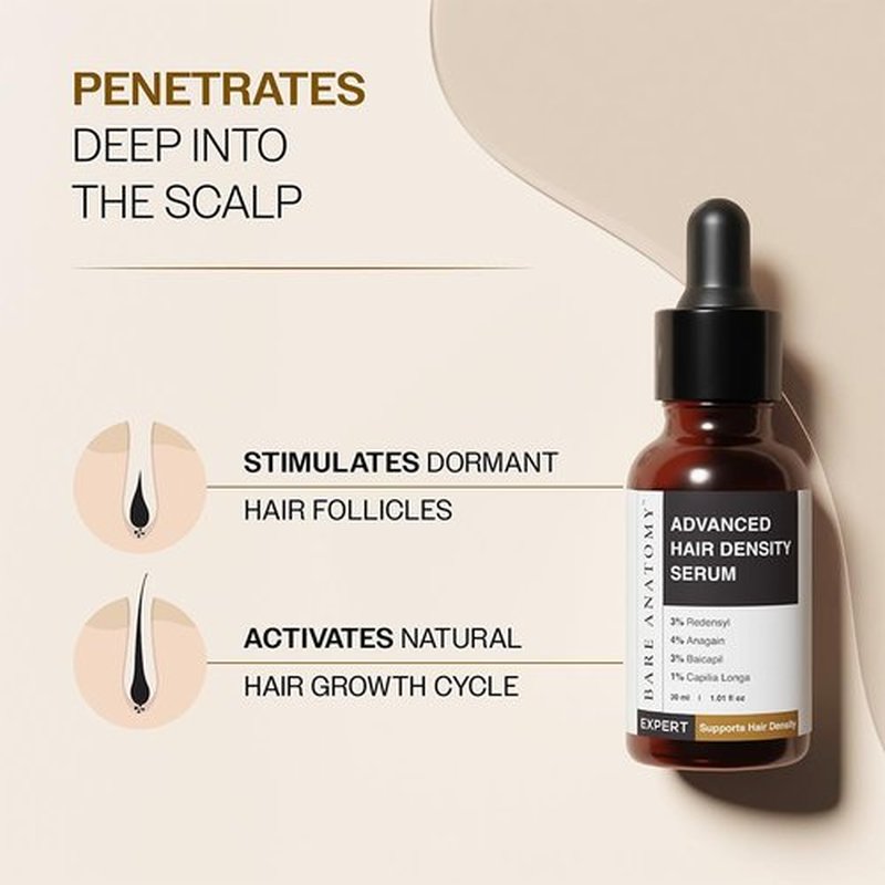 Bare Anatomy Advanced Hair Density Serum boosts density with Redensyl, Anagain, Baicapil & Capilia Longa. Rosemary & rice water reduce hair fall for men & women.
