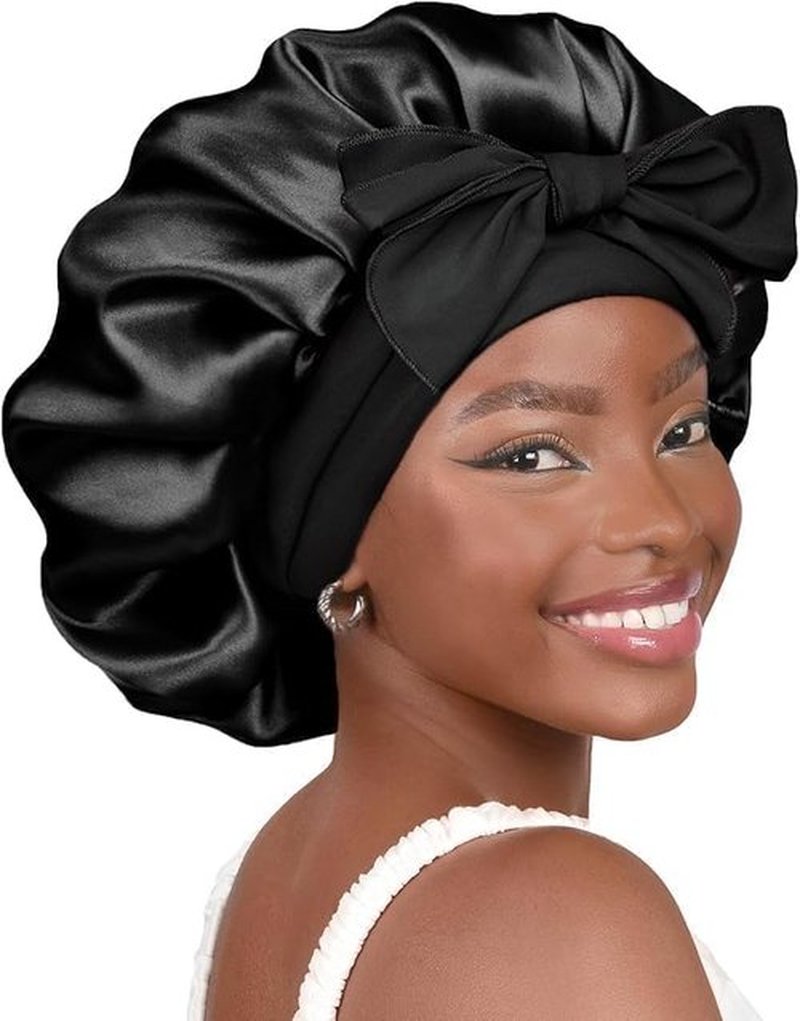 Signature 8 Silk Bonnet for Sleeping Women Adjustable Double Layer Satin Bonnet Reduce Friction Prevent Frizz Natural Curly Hair, COLOR BLACK