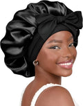 Signature 8 Silk Bonnet for Sleeping Women Adjustable Double Layer Satin Bonnet Reduce Friction Prevent Frizz Natural Curly Hair, COLOR BLACK