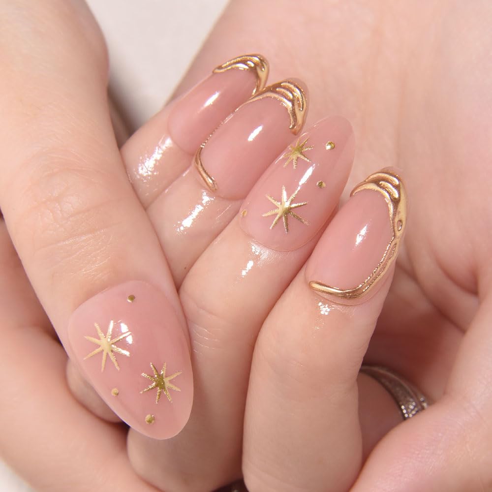 XZMeiLun Short Almond Press on Nails with French Tip & 3D Gold Line Star Design, Glossy Full Cover Acrylic False Nails with Glue, Reusable Stick - Glue on Fake Nails for Women- Fall Nail Art Gift
