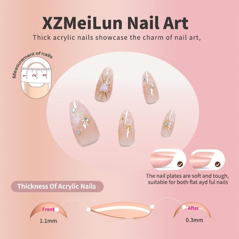 XZMeiLun 3D Boho Stars Gold Press On Nails Almond Medium 30Pcs, Heart Charms Design Reusable Acrylic Nails Press Ons, Fake Nails With Cute Celestial Glue On Nail, Daily Wear False Nail For Women