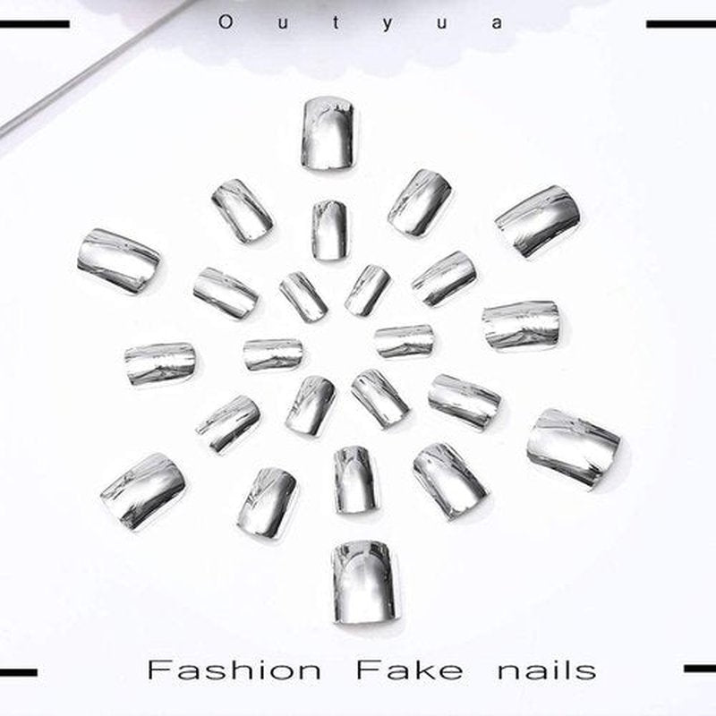 Outyua Mirror Fake Nails Square Silver Long Glossy Arylic Press on Nails Full Cover False Nail Art for Women and Girls 24pcs (Silver)