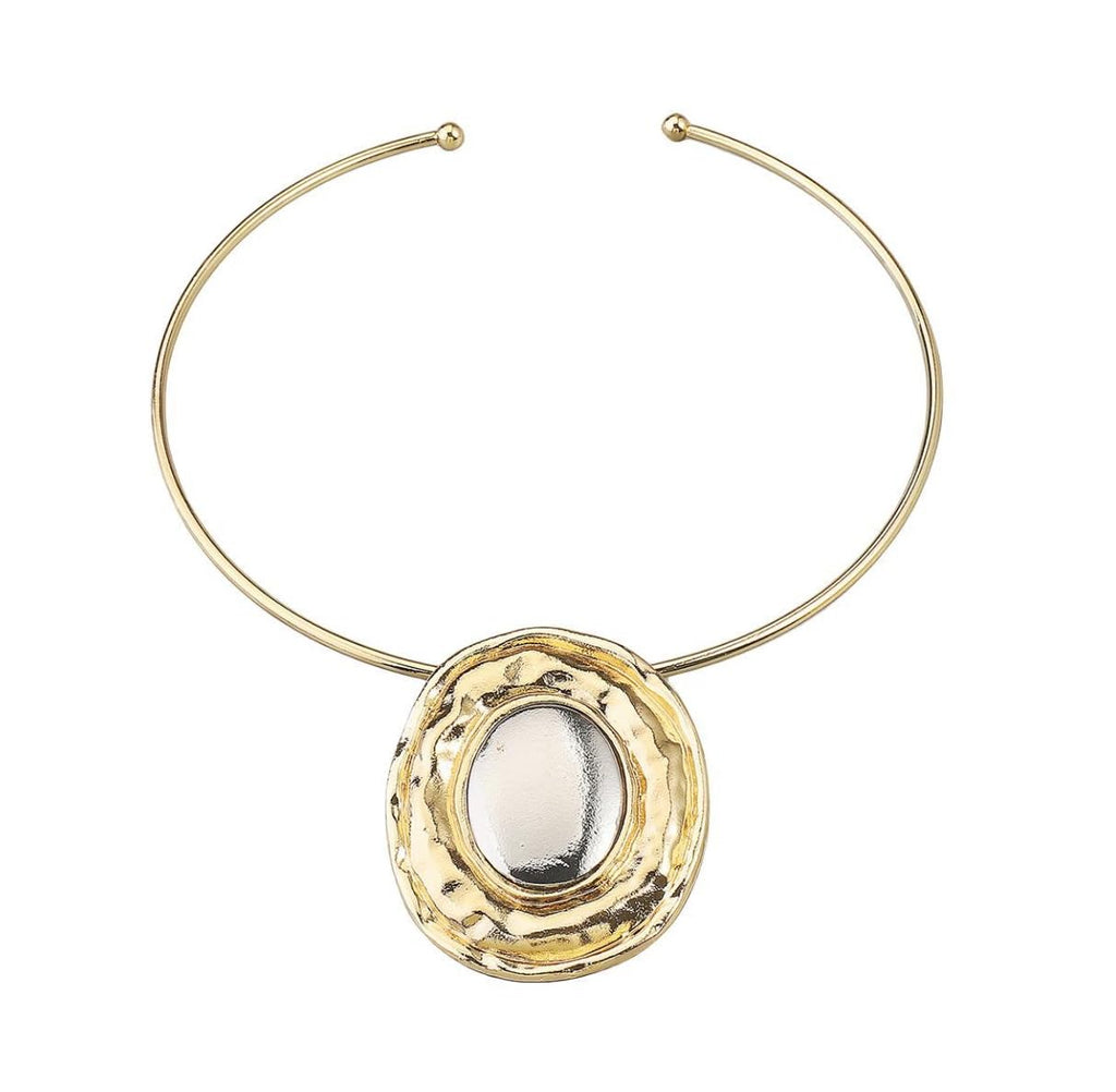 Fashion Chunky Statement Necklaces - African Choker Necklace with Gold Oval Pendant,Tribal Collar Necklace Hammered Metal Jewelry for Women (Gold)