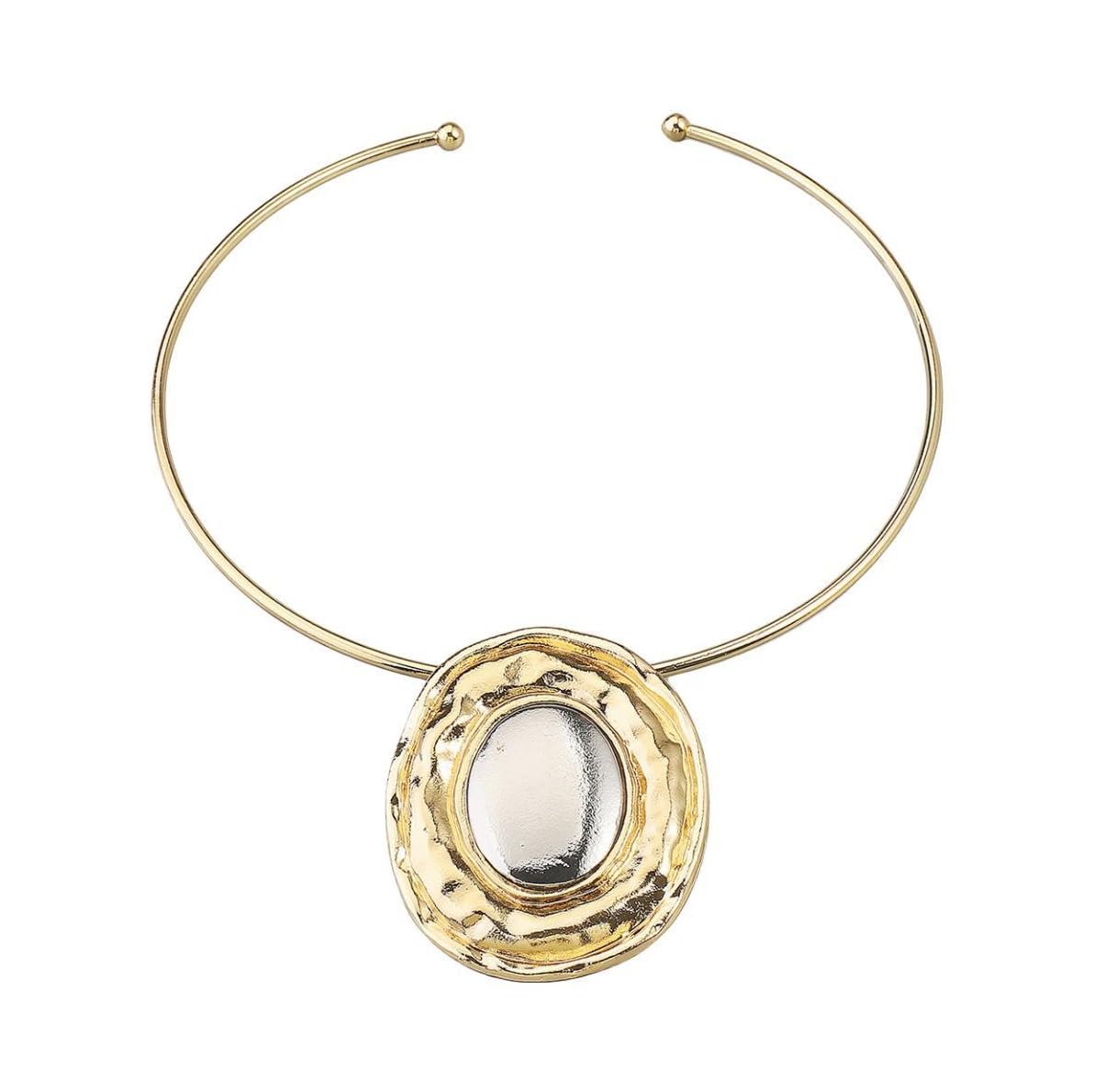 Fashion Chunky Statement Necklaces - African Choker Necklace with Gold Oval Pendant,Tribal Collar Necklace Hammered Metal Jewelry for Women (Gold)