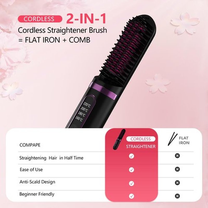 Cordless Hair Straightener Brush, Portable Straightening Brush for Women, Mini Negative Ion Hot Comb for Travel, 30Mins Auto-Off, USB Rechargeable, Fast Heating 4 Temperature Settings(Black)