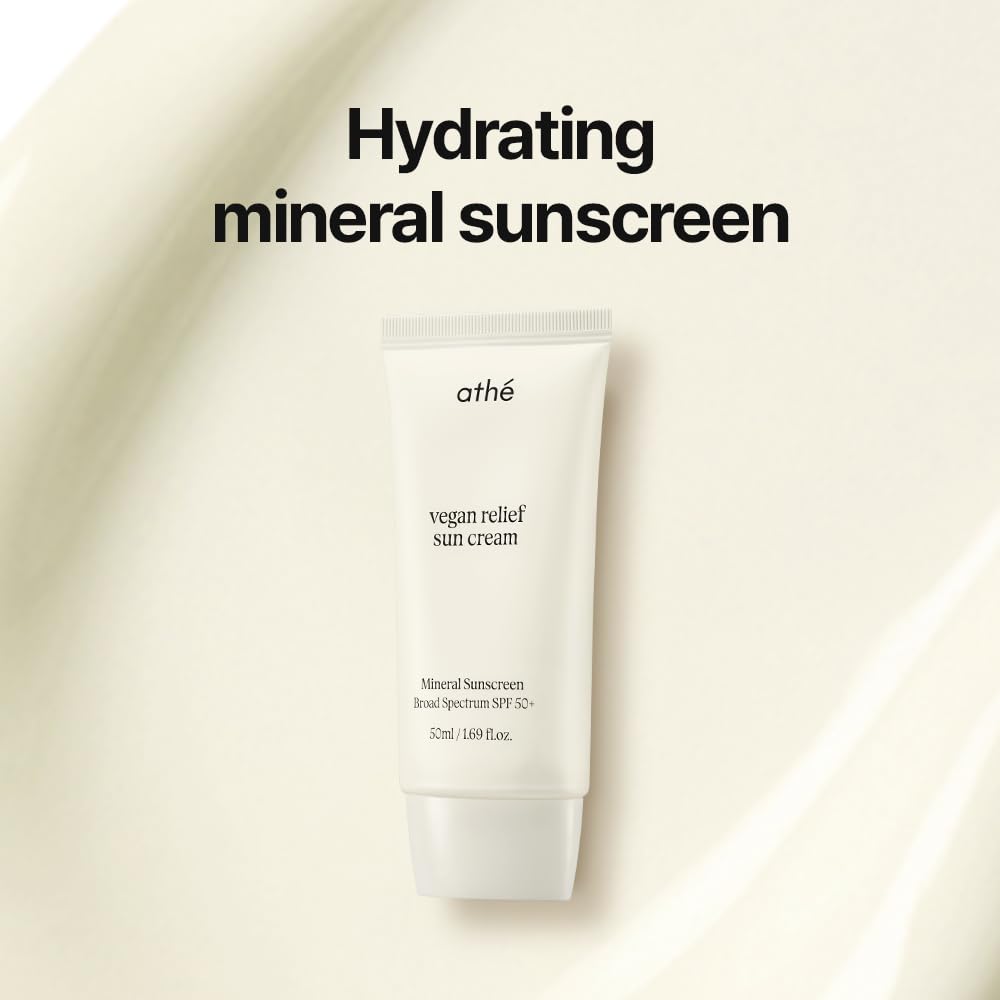 athé Vegan Relief Sun Cream SPF 50+ Broad Spectrum – Fragrance-Free | Sea Buckthorn Oil + 6-Type Hyaluronic Acid + Centella | No White Cast | Vegan K-Beauty | 1.69 fl.oz