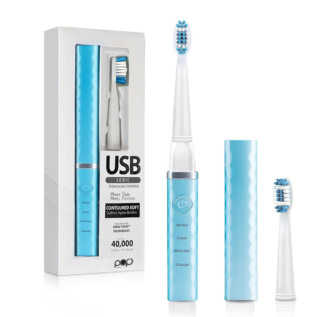 Pop Sonic USB Charge Anywhere Toothbrush (Hawaiian Blue) | Rechargeable Toothbrush w/Up to 40,000 Brush Strokes/Minute-Long-Lasting Nylon Bristles - Teens & Adult with Quadrant Pacer