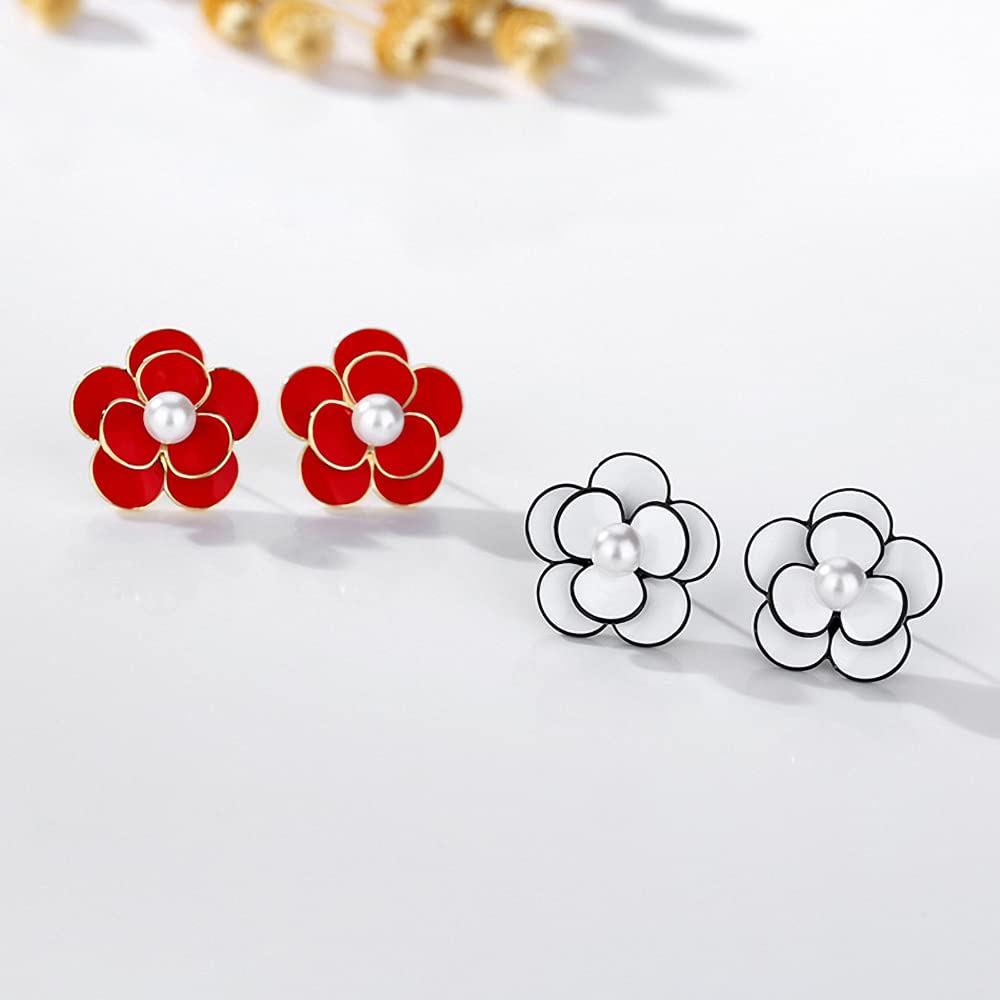 White Red Rose Flower with Shell Beads Stud Earrings