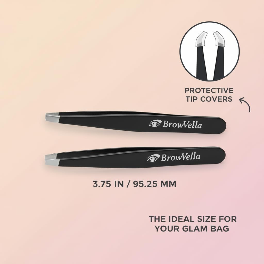 BrowVella Precision Slant Tip Tweezers for Eyebrows - Black