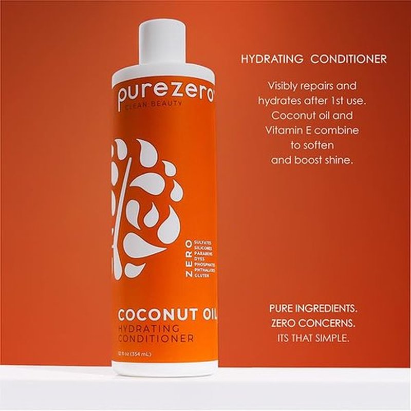 PureZero Coconut Oil Hydrating Silicone Free Shampoo & Conditioner Set – Vegan Formula for Dry or Color-Treated Hair – Deep Moisture, Sulfate-Free, Paraben-Free, Cruelty-Free Hair Care Duo, 2 × 12 oz