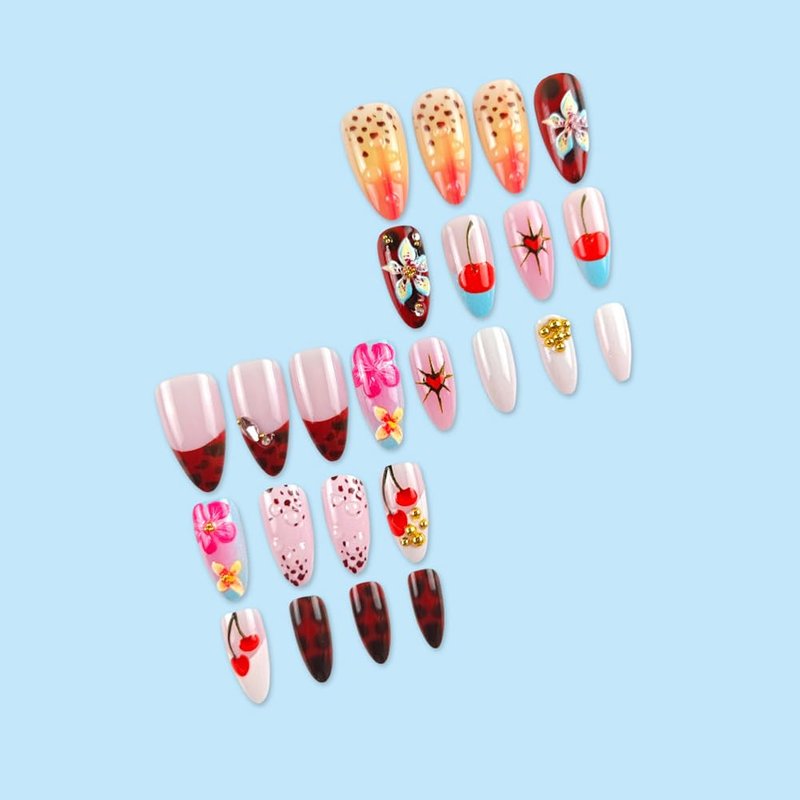 WAFOLOZE Almond Press on Nails Long Fake Nails with 3D Flowers Cherry Designs, Fall/Winter Glue On False Nail Press Ons Acrylic Artificial Stick On Nails for Women 24Pcs