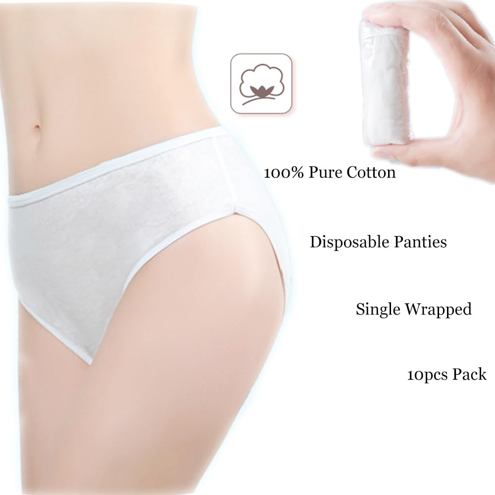 STARLY Women's Disposable Pure Cotton Underwear Travel Panties High Cut Granny Briefs (10pcs,White,M)