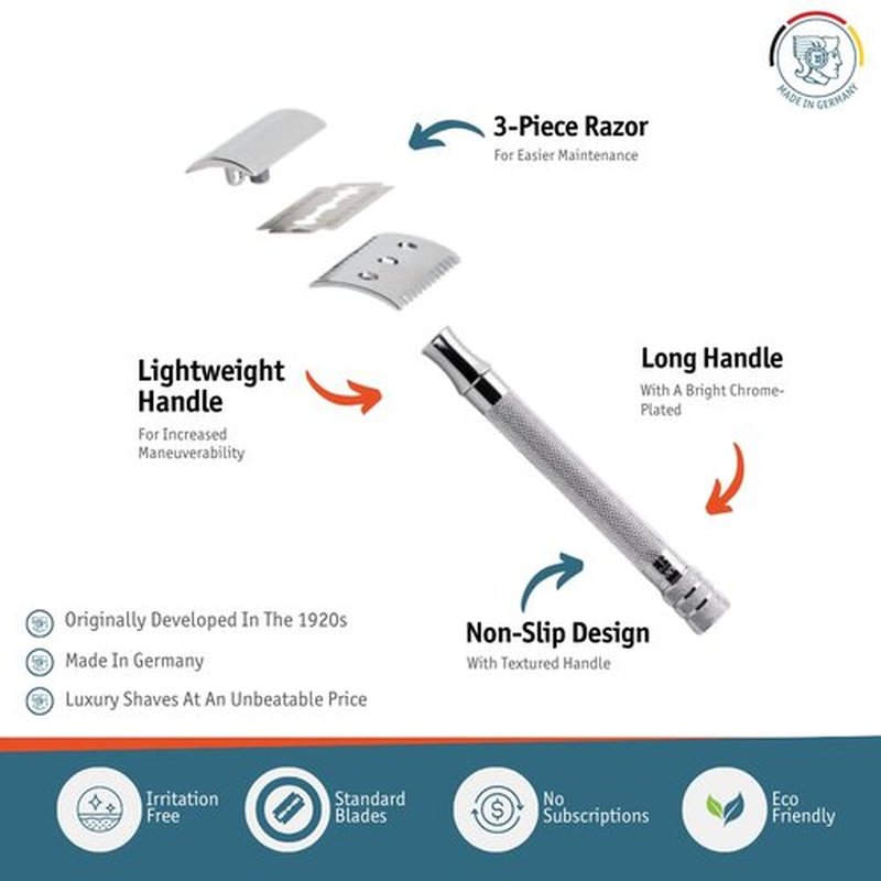 MERKUR 25C Double Edge Safety Razor - Bright Chrome, Open Comb Design, Long Handle, Eco-Friendly