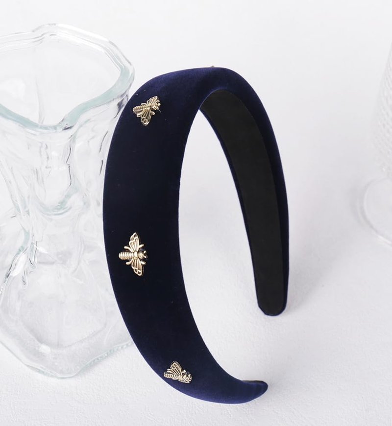 YARN & INK Women's Honeybee Cute Velvet Headbands, Fashion Padded Hair Accessories Vintage Headband Christmas Gift for Women Girls (Dark Blue Bee)