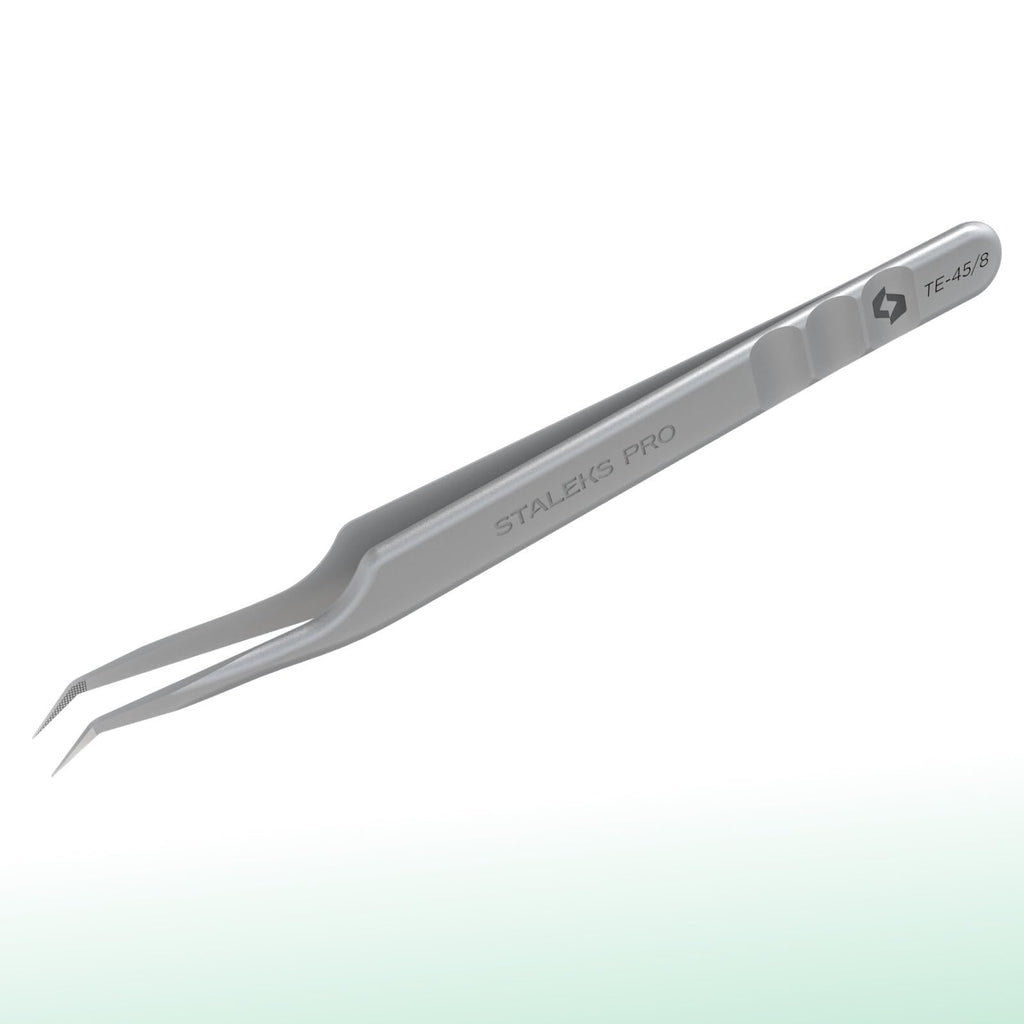 STALEKS PRO Expert 45 Type 8 Professional Eyelash Tweezers (Mini L-Shaped) – Stainless Steel with Nano-Notches for Volume & Mega-Volume Lash Extensions