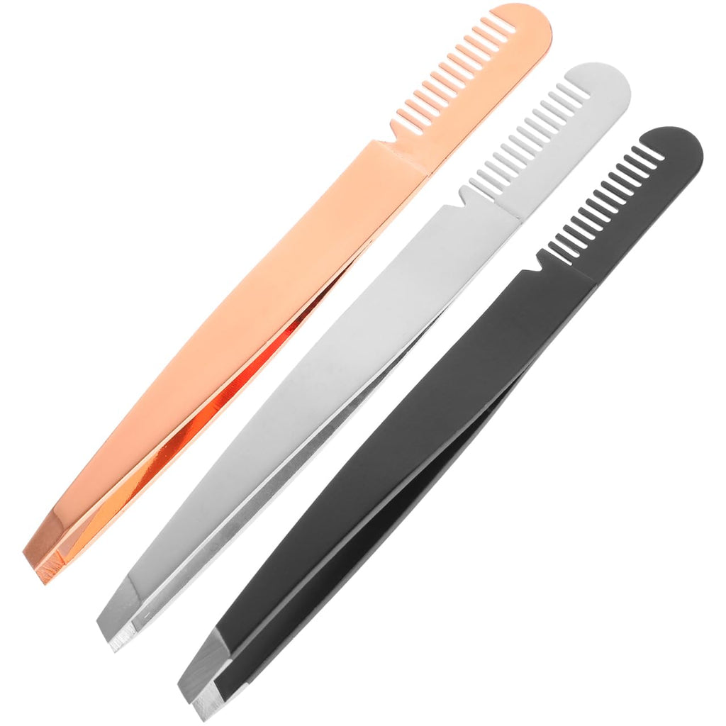 PRETYZOOM Eyebrow Tweezers Stainless Steel Slant Tip 2 in 1 Precision Brow Shaping Tool for Women Lash Applicator and Facial Hair Removal 3 PACK