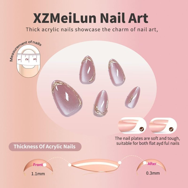 XZMeiLun Pink Cat Eye Press on Nails Short Almond, Acrylic Fake Nails with 3D French Tip Gold Line Design, Reusable Glue-On Stick for Cute Pink Nails for Women