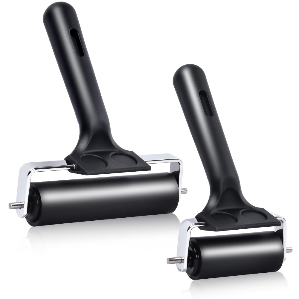 Wlivxch 2Pcs Hard Rubber Brayer Rollers (4 Inch and 2.2 Inch) for Printmaking, Ink Printing, Gluing Application, Stamping, Boat Flooring and Wallpaper Installation - Black Tool