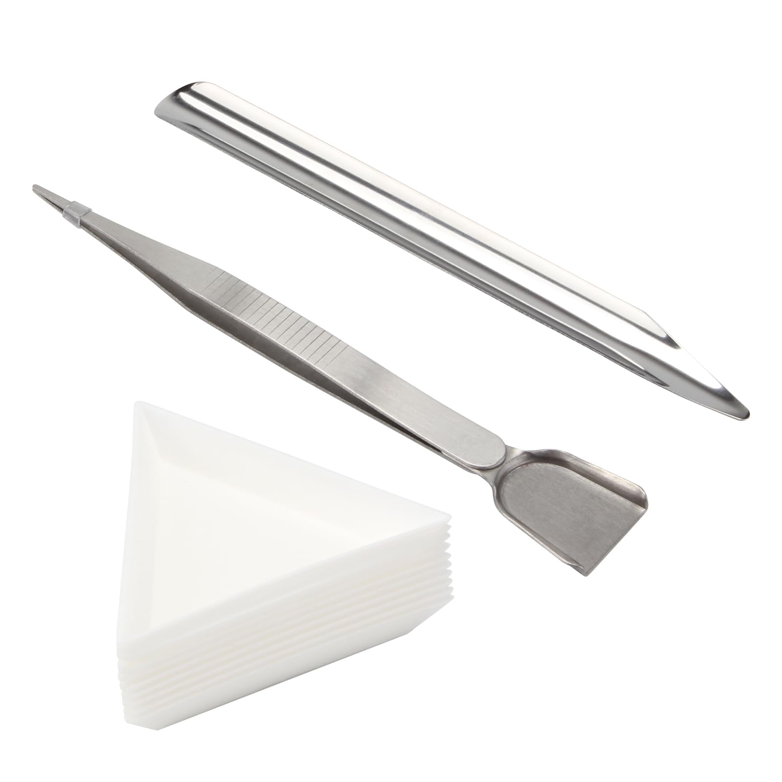 Kcgani 12 Pcs Craft Jewelry Bead Diamond Scoop Set, White Jewelry Shovel Set Triangle Sorting Trays and Silver Handy Tweezer with Scoop, Craft Beading Tweezers for Pearls Gemstones Tools Supplies