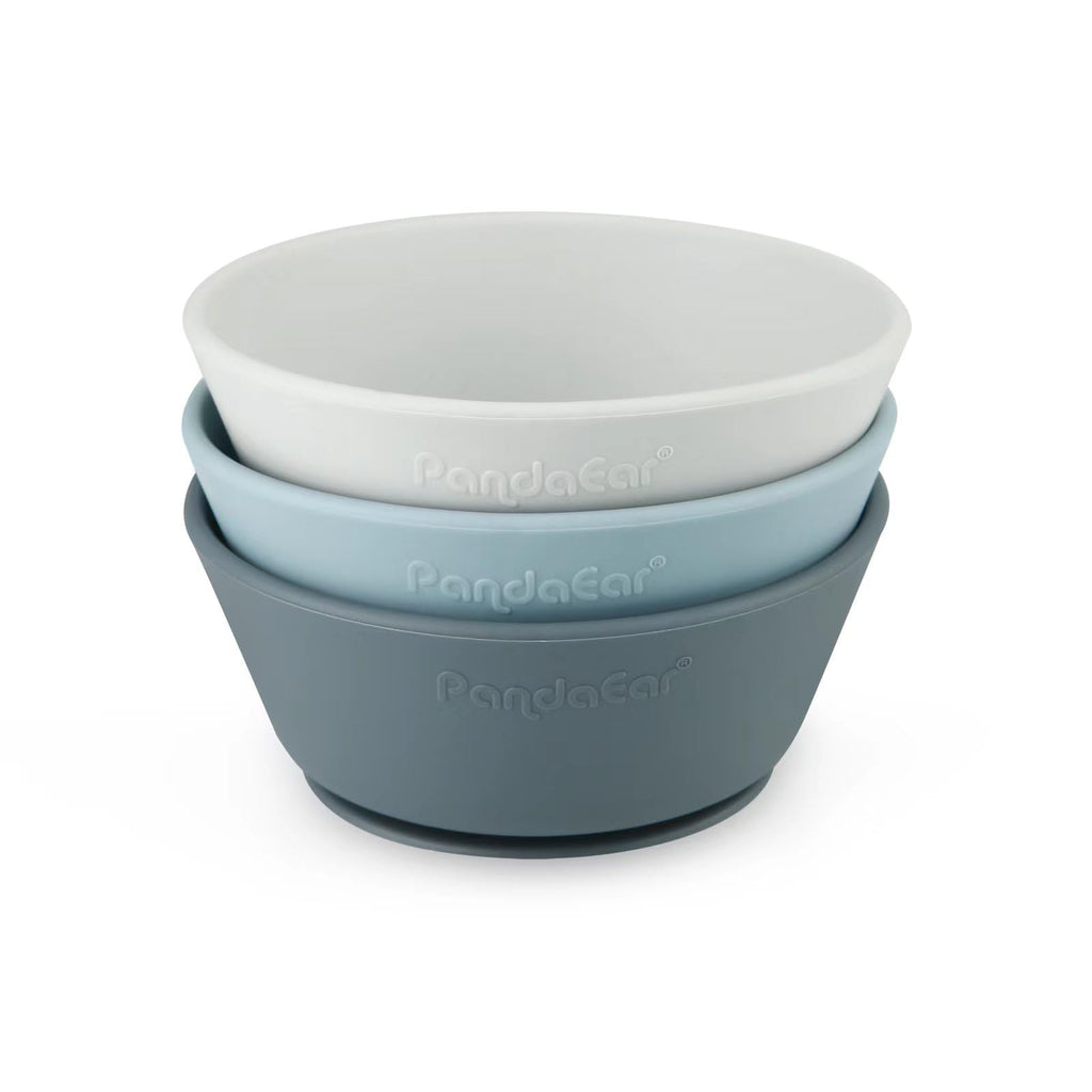 PandaEar 3 Pack Baby Suction Bowls|Silicone Food Bowls First Stage Feeding for Baby Toddler Infant Kids| Food Grade Soft Safe BPA-Free Silicone Toddler Bowls -Blue/Gray