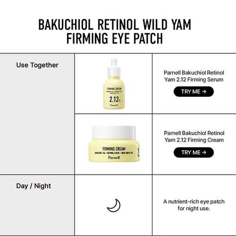 Parnell Bakuchiol Retinol Wild Yam Eye Patch (60ct) | Hydrogel Patches for Wrinkles, Dark Circles & Firming | Cica HA Niacinamide K-Beauty