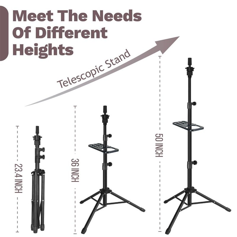 ZQIAN BEAUTY 50 Inch Metal Wig Stand, Adjustable Wig Head Stand, Mannequin Head Stand for Cosmetology Hairdressing, Wig Stand Tripod with Tool Tray (Black, Mannequin Head Not Included)