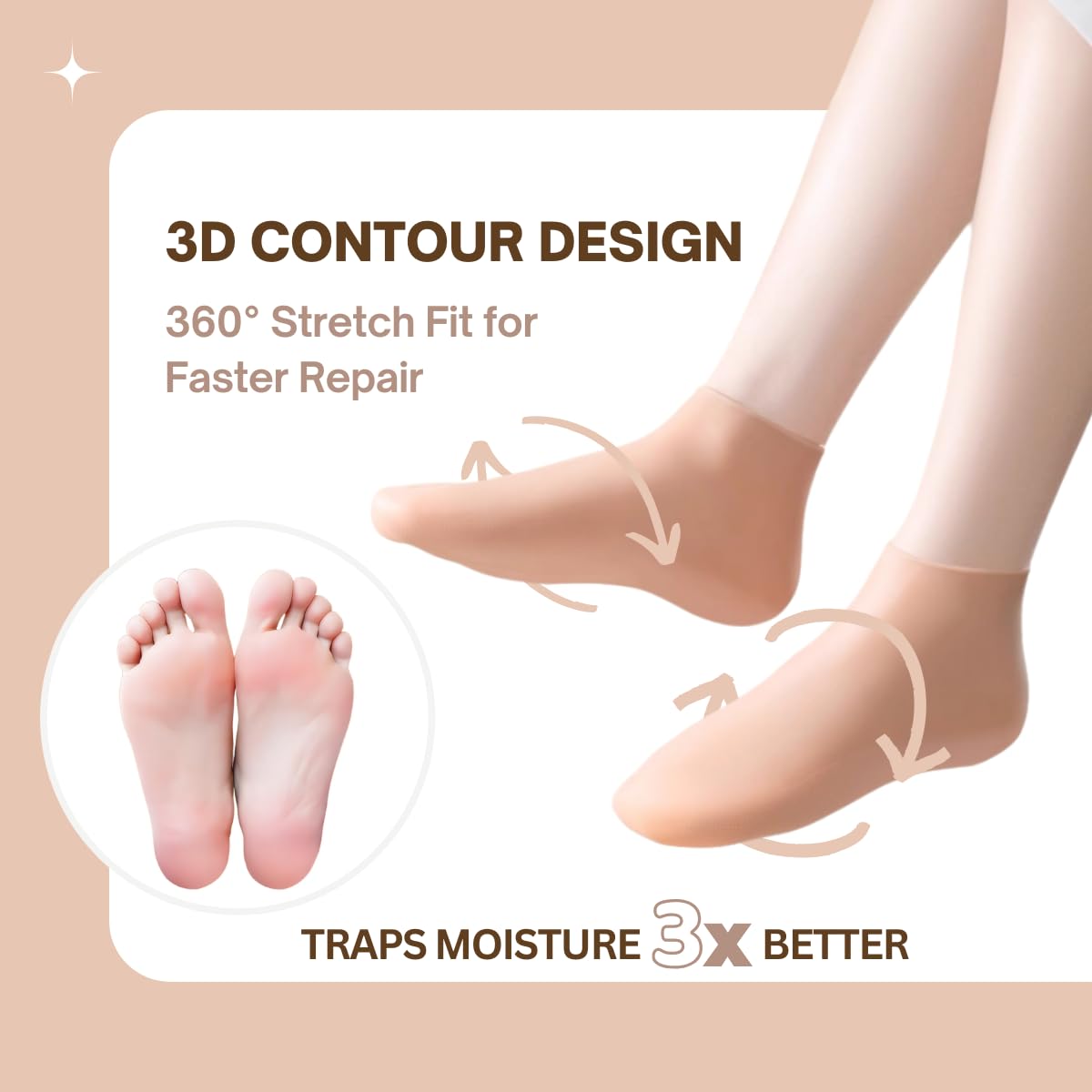 Yoeeco Reusable Silicone Socks for Dry Cracked Feet & Heels - Moisturizing Socks for Women and Men Fits Sizes US5-12 - Lotion Rubber Socks for Overnight Repair & Spa Treatment (Beige & Pink)