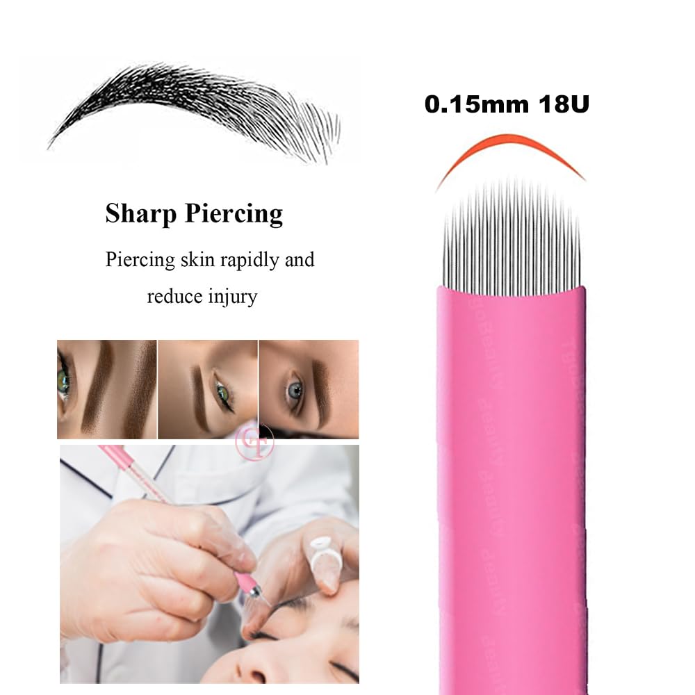 TgoBeauty Pink Microblading Double End Crystal Tattoo Manual Pen Semi PMU Handle with 10pcs 0.15mm U18 Microblading Needles Blade for Eyebrow Permanent Makeup Beauty (Pink Pen+10pcs 0.15mm U18 Blades)
