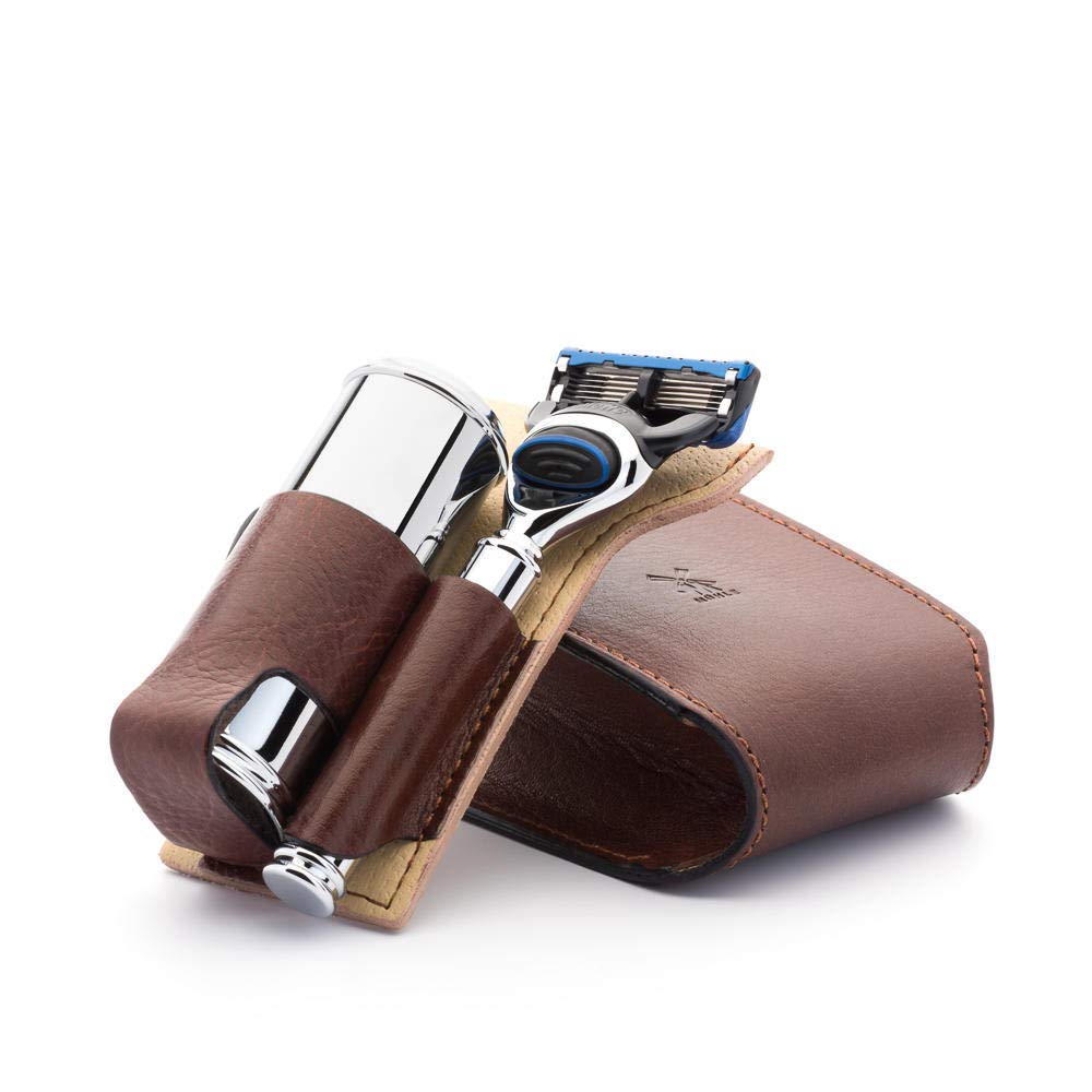MÜHLE Travel Florentine Leather Silvertip Fibre 5-Blade Razor Luxury Shaving Kit