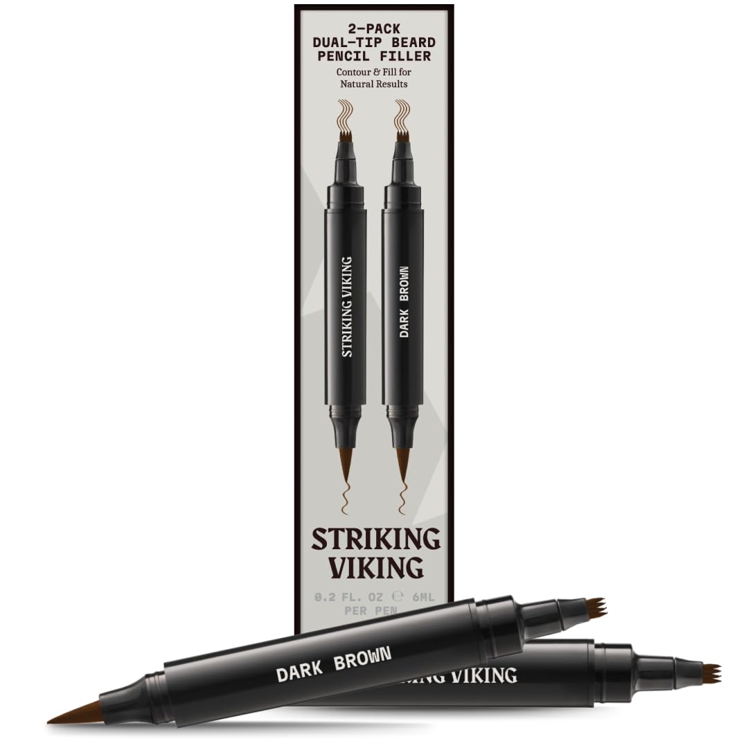 Striking Viking Beard Pencil Filler For Men - Dark Brown, 2 Pens Pack - Temporary Beard Dye - Waterproof Sweatproof Beard Filler for Men for Touchups & Gap Contouring - Enhances Facial Hair
