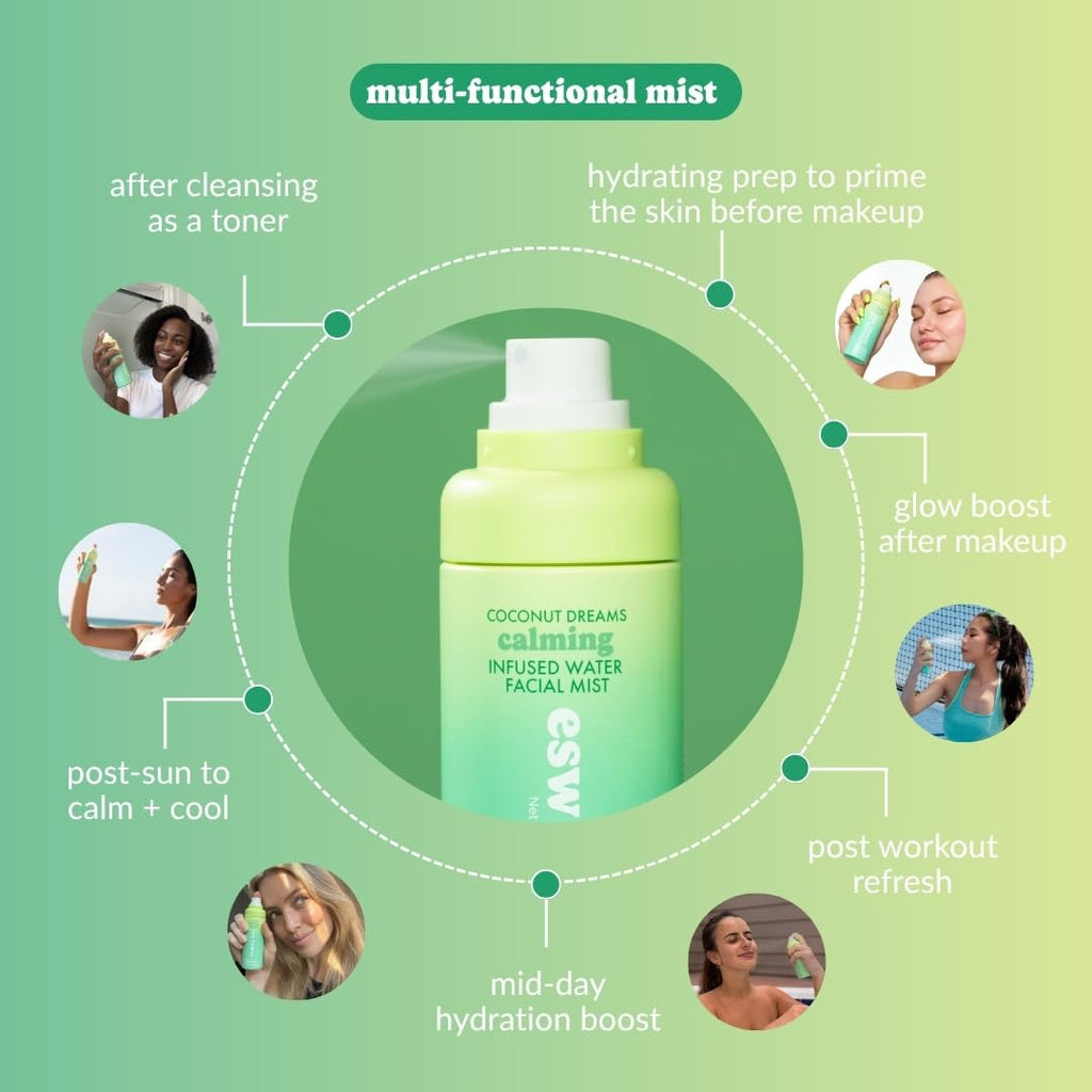 ESW Beauty Coconut Dreams Facial Mist - Hydrating Centella Face Mist - Makeup Primer & Setting Spray - Unscented Face Toner for Sensitive Skin with Coconut Water, Cucumber & Aloe 3.4oz