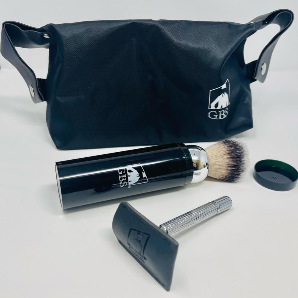 G.B.S Travel Shaving Kit- Steel Razor and Brush Stand, Chrome Double Edge Safety Razor + Leather Head Sleeve, Shave Brush + Travel Tube, Sandalwood Shaving Cream and Men's Toiletry Bag with Handles