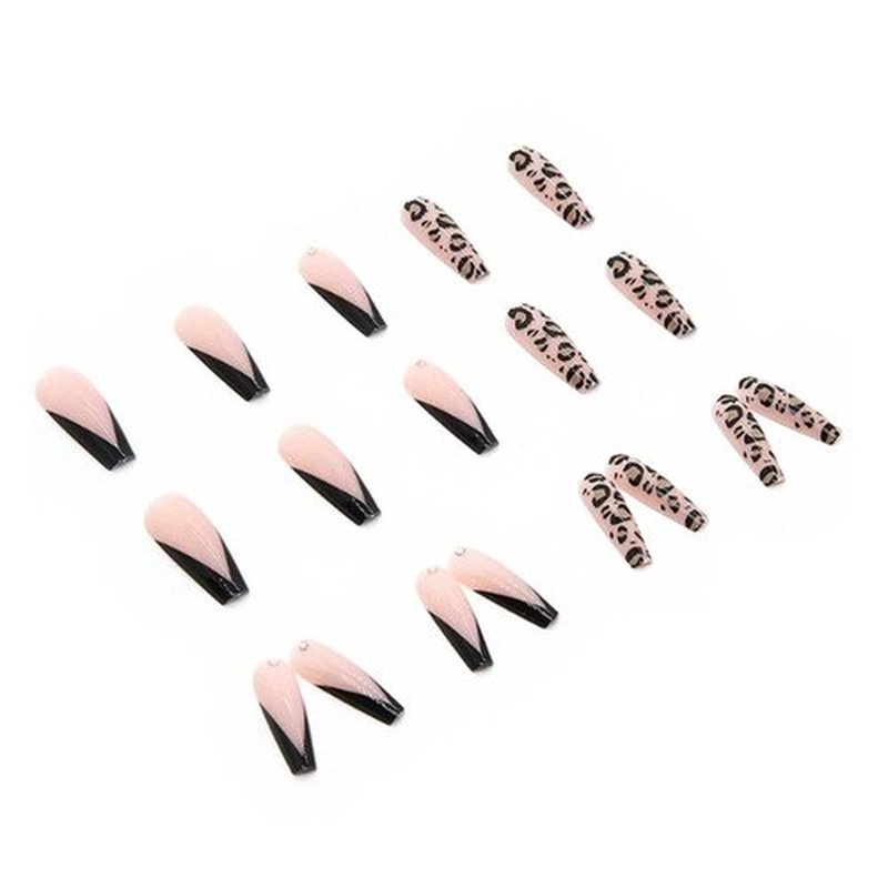 Hkanlre Coffin Press on Nails Long French Fake Bling Nails Acrylic Full Cover Leopard Print False Rhinestones Nails for Women and Girls 24PCS