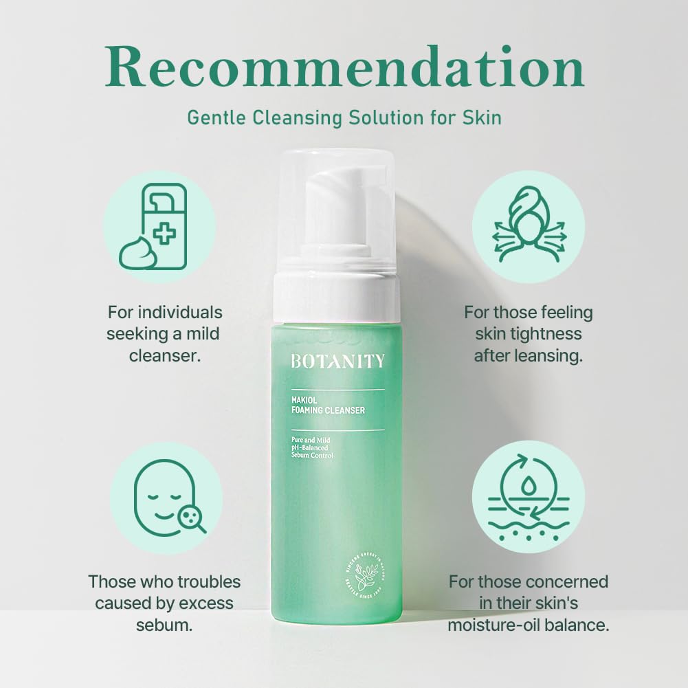 BOTANITY Makiol Foaming Cleanser | Low pH Cleanser with LHAs | Gentle & Refreshing | Sebum Control | Pore Refining | All Skin Type | Cruelty-Free | 5.07 fl oz