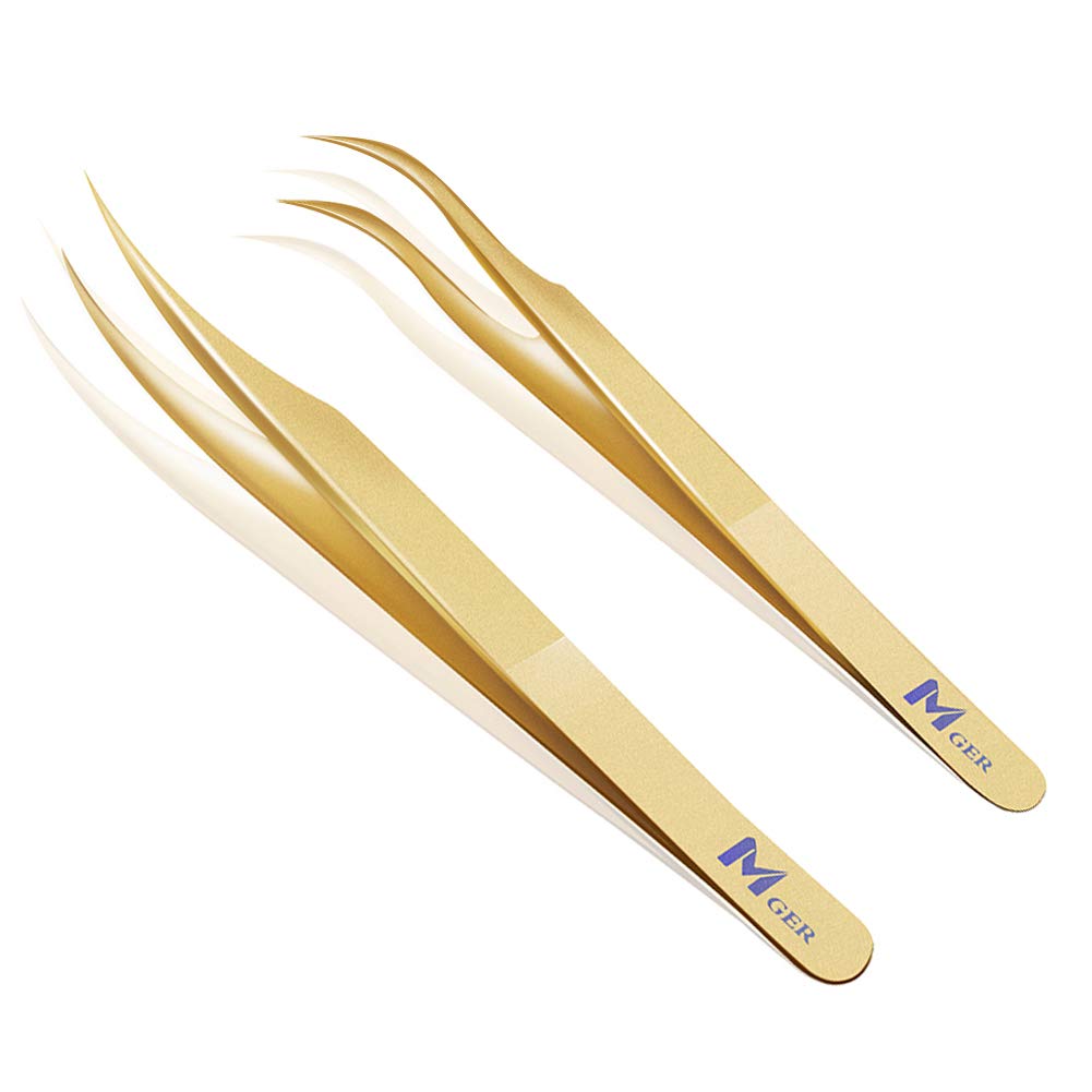 Lash Tweezers for Eyelash Extension, Hand Calibrated Dolphin-shaped and Curved Tip Eyelash Tweezers eyelash tweezers, False Lash Application Tools, Lash extension tweezers gold (Pack of 2, Gold)