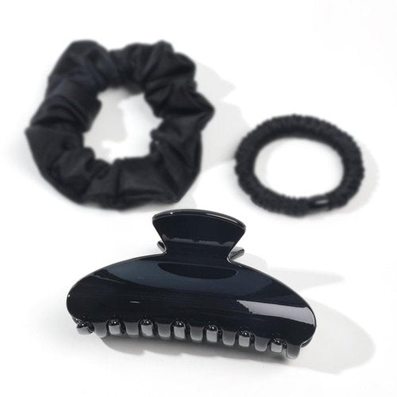 Black Hair Claw Clip for Women, Premium PC Material for Long-Term Use, 4.1 Inch Big Strong Hold No Slip Hair Clips for Thick or Thin Hair, Includes 2 Black Satin Scrunchies