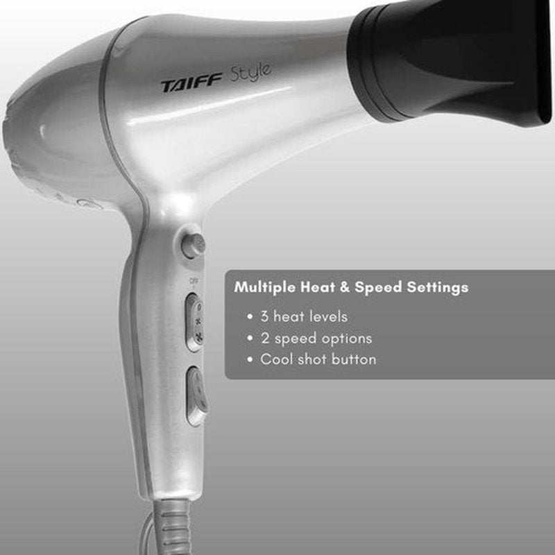 Taiff Style IonSense Professional Hair Dryer | 1875W Ionic Ceramic Blow Dryer with Diffuser | Lightweight Travel Friendly | Dual Voltage - Fast Drying | Silver